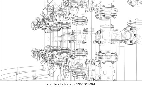 Sketch of industrial equipment. Vector rendering of 3d. Wire-frame style. The layers of visible and invisible lines are separated