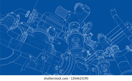 Sketch of industrial equipment. Vector rendering of 3d. Wire-frame style. The layers of visible and invisible lines are separated