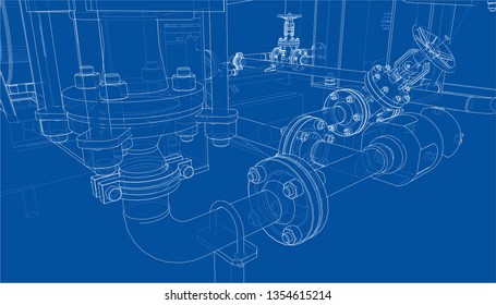 Sketch of industrial equipment. Vector rendering of 3d. Wire-frame style. The layers of visible and invisible lines are separated