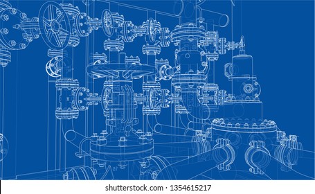 Sketch of industrial equipment. Vector rendering of 3d. Wire-frame style. The layers of visible and invisible lines are separated