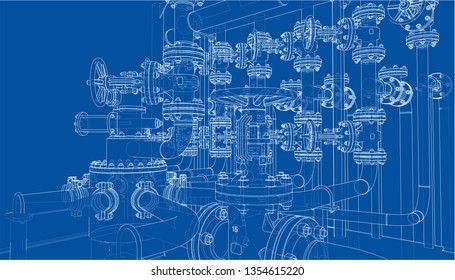 Sketch of industrial equipment. Vector rendering of 3d. Wire-frame style. The layers of visible and invisible lines are separated