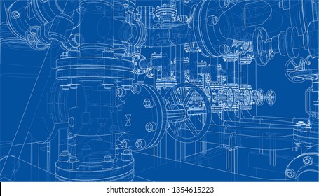 Skizze für Industrieanlagen. Vektorgrafik von 3d. Wire-Frame-Stil. Die Schichten sichtbarer und unsichtbarer Linien sind getrennt