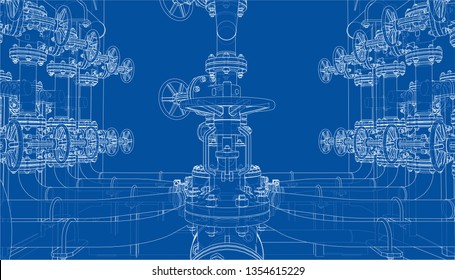 Sketch of industrial equipment. Vector rendering of 3d. Wire-frame style. The layers of visible and invisible lines are separated