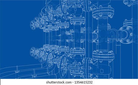 Sketch of industrial equipment. Vector rendering of 3d. Wire-frame style. The layers of visible and invisible lines are separated