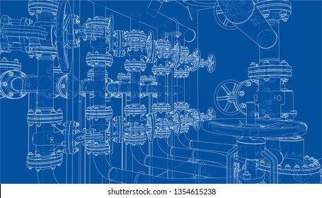Sketch of industrial equipment. Vector rendering of 3d. Wire-frame style. The layers of visible and invisible lines are separated