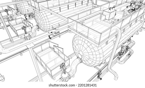 Esbozo de equipo industrial. Representación vectorial de 3d. Estilo de marco de cables. Las capas de líneas visibles e invisibles están separadas