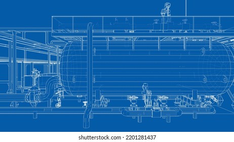 Sketch of industrial equipment. Vector rendering of 3d. Wire-frame style. The layers of visible and invisible lines are separated
