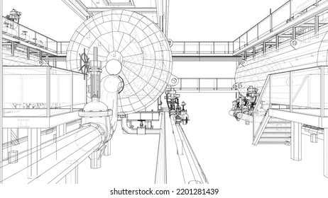 Sketch of industrial equipment. Vector rendering of 3d. Wire-frame style. The layers of visible and invisible lines are separated
