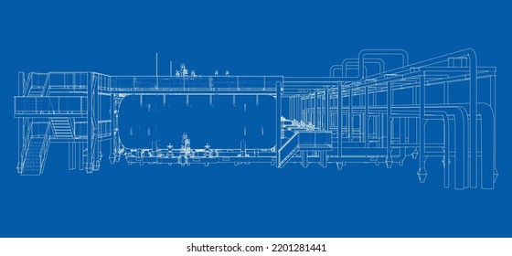 Sketch of industrial equipment. Vector rendering of 3d. Wire-frame style. The layers of visible and invisible lines are separated