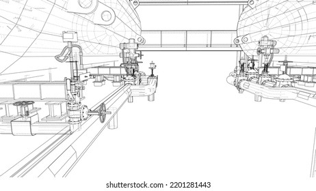 Sketch of industrial equipment. Vector rendering of 3d. Wire-frame style. The layers of visible and invisible lines are separated