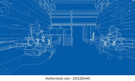 Sketch of industrial equipment. Vector rendering of 3d. Wire-frame style. The layers of visible and invisible lines are separated