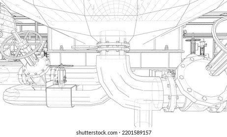 Sketch of industrial equipment. Vector rendering of 3d. Wire-frame style. The layers of visible and invisible lines are separated