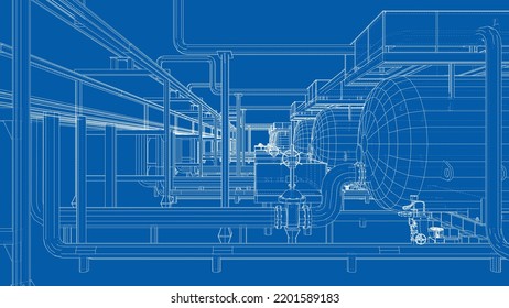 Esbozo de equipo industrial. Representación vectorial de 3d. Estilo de marco de cables. Las capas de líneas visibles e invisibles están separadas