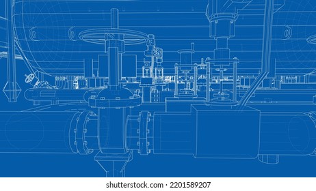 Esbozo de equipo industrial. Representación vectorial de 3d. Estilo de marco de cables. Las capas de líneas visibles e invisibles están separadas