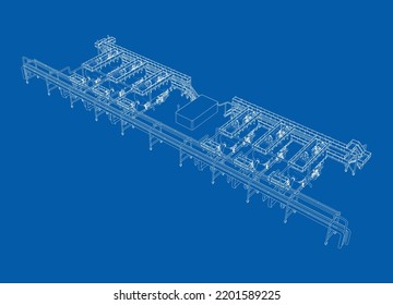 Sketch of industrial equipment. Vector rendering of 3d. Wire-frame style. The layers of visible and invisible lines are separated