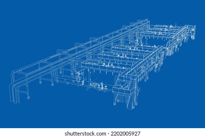 Esbozo de equipo industrial. Representación vectorial de 3d. Estilo de marco de cables. Las capas de líneas visibles e invisibles están separadas