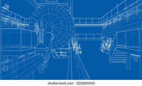 Esbozo de equipo industrial. Representación vectorial de 3d. Estilo de marco de cables. Las capas de líneas visibles e invisibles están separadas