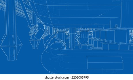 Esbozo de equipo industrial. Representación vectorial de 3d. Estilo de marco de cables. Las capas de líneas visibles e invisibles están separadas