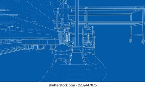 Sketch of industrial equipment. Vector rendering of 3d. Wire-frame style. The layers of visible and invisible lines are separated