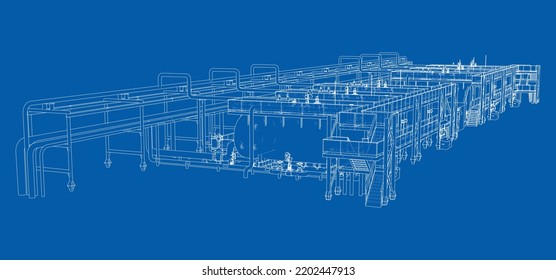 Sketch of industrial equipment. Vector rendering of 3d. Wire-frame style. The layers of visible and invisible lines are separated