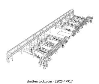 Sketch of industrial equipment. Vector rendering of 3d. Wire-frame style. The layers of visible and invisible lines are separated