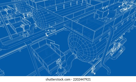 Sketch of industrial equipment. Vector rendering of 3d. Wire-frame style. The layers of visible and invisible lines are separated