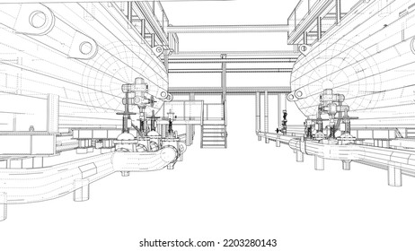 Sketch of industrial equipment. Vector rendering of 3d. Wire-frame style. The layers of visible and invisible lines are separated