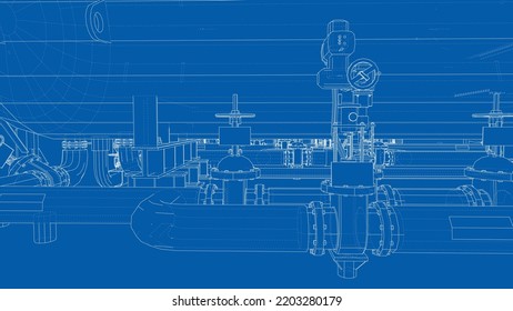 Skizze für Industrieanlagen. Vektorgrafik von 3d. Wire-Frame-Stil. Die Schichten sichtbarer und unsichtbarer Linien sind getrennt