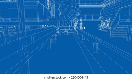 Sketch of industrial equipment. Vector rendering of 3d. Wire-frame style. The layers of visible and invisible lines are separated