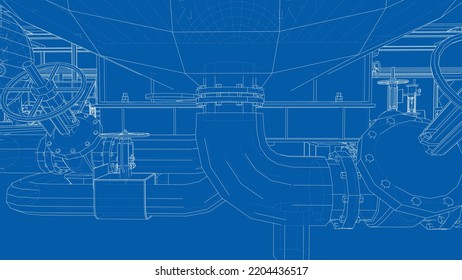 Sketch of industrial equipment. Vector rendering of 3d. Wire-frame style. The layers of visible and invisible lines are separated