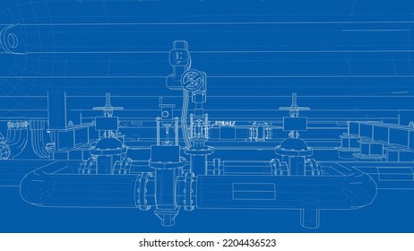 Esbozo de equipo industrial. Representación vectorial de 3d. Estilo de marco de cables. Las capas de líneas visibles e invisibles están separadas