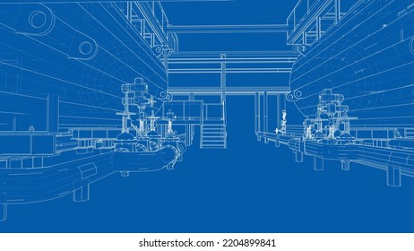 Sketch of industrial equipment. Vector rendering of 3d. Wire-frame style. The layers of visible and invisible lines are separated