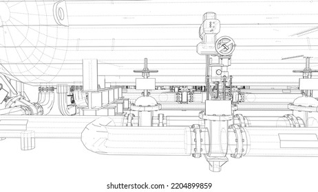 Sketch of industrial equipment. Vector rendering of 3d. Wire-frame style. The layers of visible and invisible lines are separated