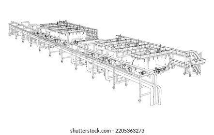 Skizze für Industrieanlagen. Vektorgrafik von 3d. Wire-Frame-Stil. Die Schichten sichtbarer und unsichtbarer Linien sind getrennt