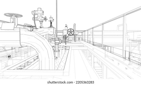 Esbozo de equipo industrial. Representación vectorial de 3d. Estilo de marco de cables. Las capas de líneas visibles e invisibles están separadas