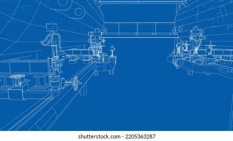 Sketch of industrial equipment. Vector rendering of 3d. Wire-frame style. The layers of visible and invisible lines are separated