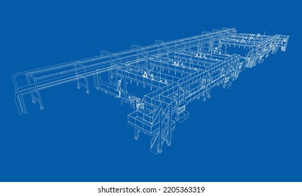 Sketch of industrial equipment. Vector rendering of 3d. Wire-frame style. The layers of visible and invisible lines are separated
