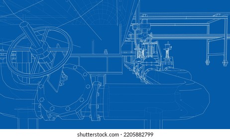 Sketch of industrial equipment. Vector rendering of 3d. Wire-frame style. The layers of visible and invisible lines are separated