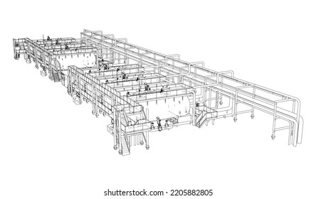 Sketch of industrial equipment. Vector rendering of 3d. Wire-frame style. The layers of visible and invisible lines are separated