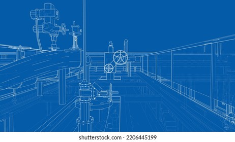 Sketch of industrial equipment. Vector rendering of 3d. Wire-frame style. The layers of visible and invisible lines are separated