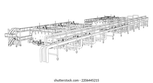 Sketch of industrial equipment. Vector rendering of 3d. Wire-frame style. The layers of visible and invisible lines are separated