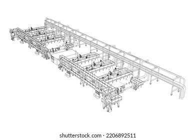 Skizze für Industrieanlagen. Vektorgrafik von 3d. Wire-Frame-Stil. Die Schichten sichtbarer und unsichtbarer Linien sind getrennt