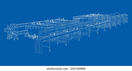 Sketch of industrial equipment. Vector rendering of 3d. Wire-frame style. The layers of visible and invisible lines are separated