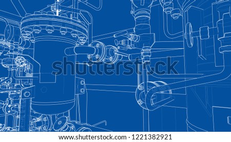 Sketch of industrial equipment. Vector rendering of 3d. Wire-frame style. The layers of visible and invisible lines are separated