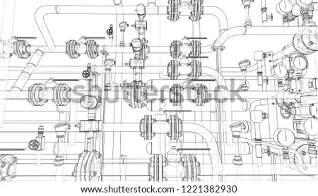 Sketch of industrial equipment. Vector rendering of 3d. Wire-frame style. The layers of visible and invisible lines are separated
