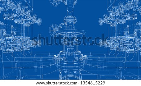 Sketch of industrial equipment. Vector rendering of 3d. Wire-frame style. The layers of visible and invisible lines are separated