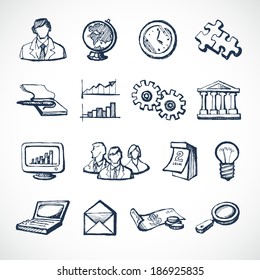 Sketch infographic icons set with globe clock computer puzzle money isolated vector illustration