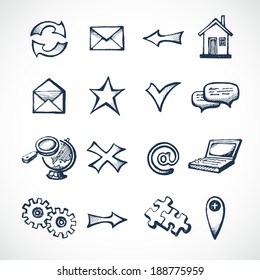 Sketch infographic icons set with globe clock computer puzzle money isolated vector illustration