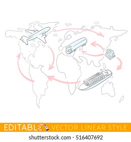 Sketch infographics of worldwide shipping, heavy transport, delivery ways and logistics in business or industry with warehouse, trucks, airplane, seaway cargo ship on world map.
