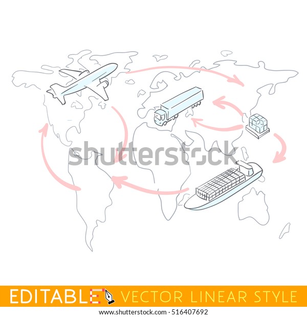 Sketch\
infographics of worldwide shipping, heavy transport, delivery ways\
and logistics in business or industry with warehouse, trucks,\
airplane, seaway cargo ship on world\
map.